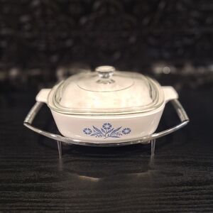 Blue Cornflower Mini Casserole Baking Dish And Metal Trivet, Vintage Corningwear